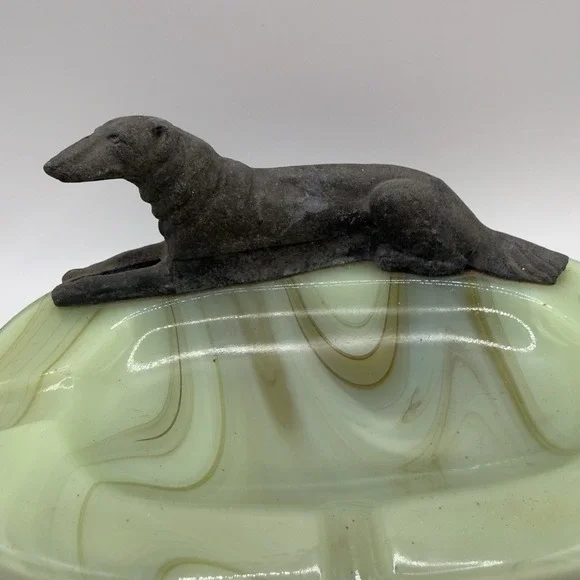 Art Deco Green Slag Uranium Glass Ashtray with Metal Borzoi Dog - 1920s Vintage - Picture 3 of 8